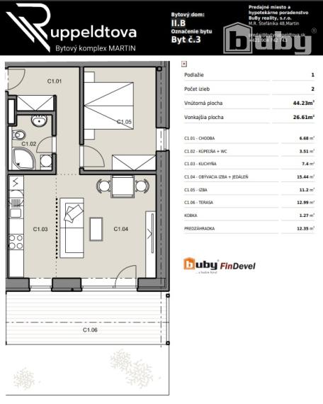 Na predaj 2 izbový byt s predzáhradkou, č. IIB_3C, v novostavbe, Martin - širšie centrum.