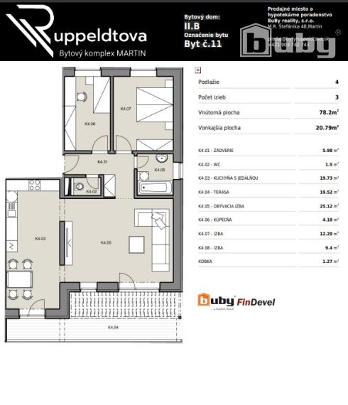 Na predaj 3 izbový byt s terasou, č. IIB_11K, v novostavbe, Martin - širšie centrum.