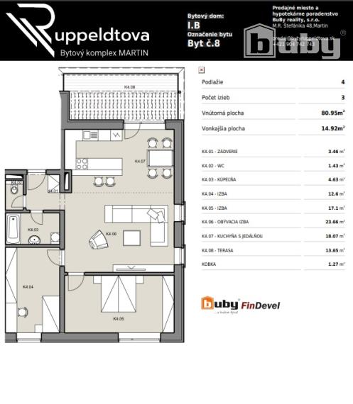 Byty RUPPELDTOVA : 3 izbový byt s terasou č. IB_8K na predaj, Martin - širšie centrum.